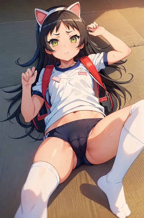 masterpiece, ultra quality, ultra sharp, ultra detailed, 1girl, solo, (good anatomy), haduki kurumi, (tattered torn dripping wet white gym shirt), navy gym pants, animal ears, randoseru, name tag, Japanese anime pose, laugh, BurumaShorts, Buruma, Gym Unifo...