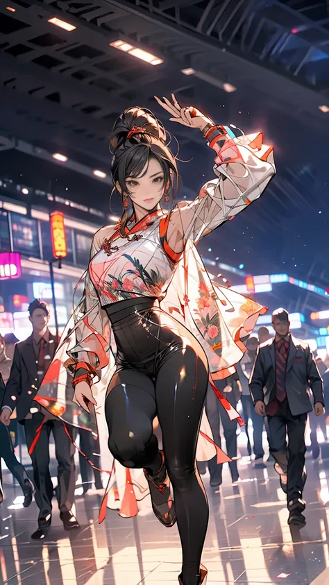 ((Master Parts,Highest quality)),One girl,Independent,Chunli,Pink Chinese Dress,青いleggings スパンデックス ,Beautiful night city background,24years, Sharp eyes, Medium chest, Toned Up, 8k, whole body, Ambient Lighting, Underbust, ring, Thick thighs, Leg details, f...