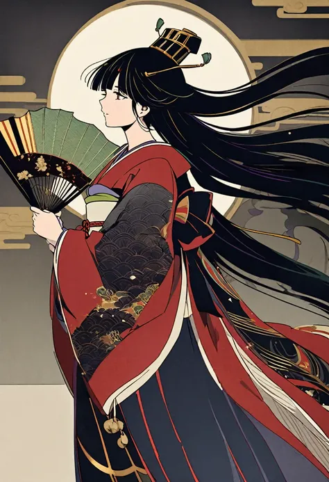 "A Heian period woman depicted in the Yamato-e style of traditional Japanese painting. She has long, straight black hair flowing down her back and is wearing a luxurious jūnihitoe, a multi-layered kimono with intricate patterns and vibrant colors such as r...