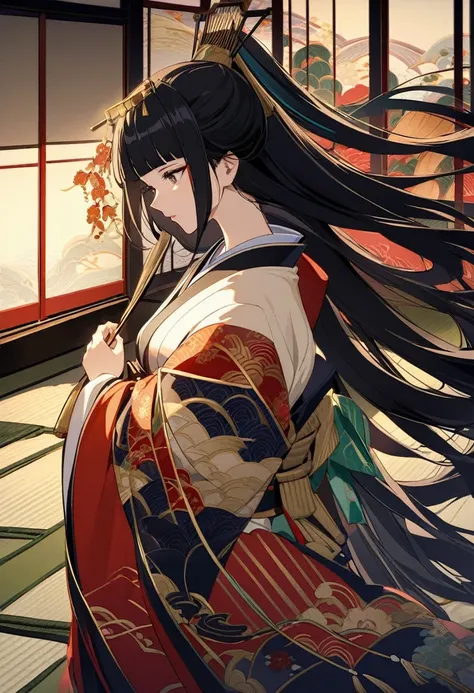 "A Heian period woman depicted in the Yamato-e style of traditional Japanese painting. She has long, straight black hair flowing down her back and is wearing a luxurious jūnihitoe, a multi-layered kimono with intricate patterns and vibrant colors such as r...