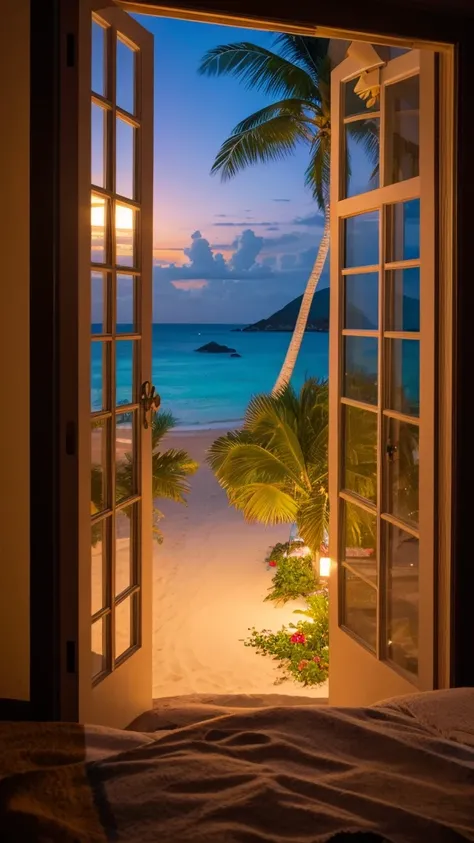 A tropical beach seen from a window　Night view