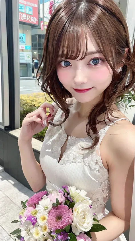 nakano miku, Brown hair, hair between eye、wedding dress:1.4、look at viewr,A smile、japanes