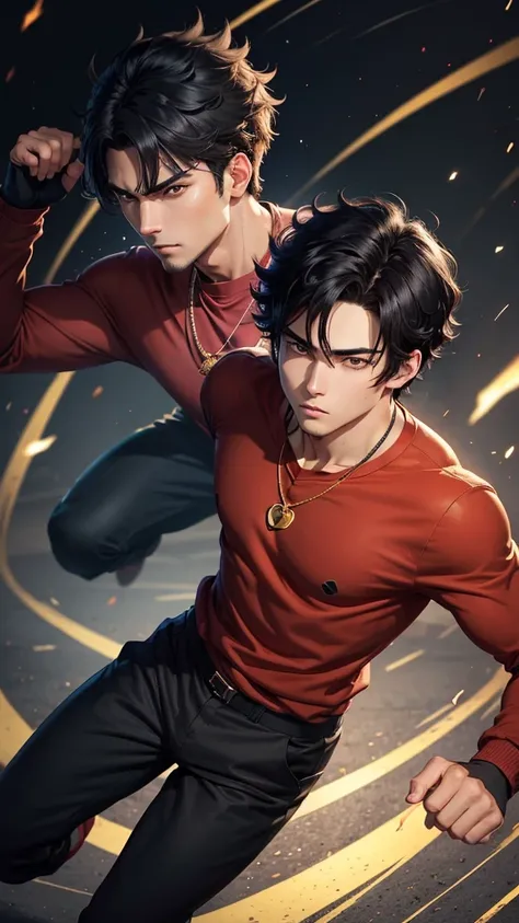 A black haired anime style man, light brown eyes, dark blue sweatshirt, Red shirt, gold heart necklace, black fingerless gloves, black pants and in a fighting position 