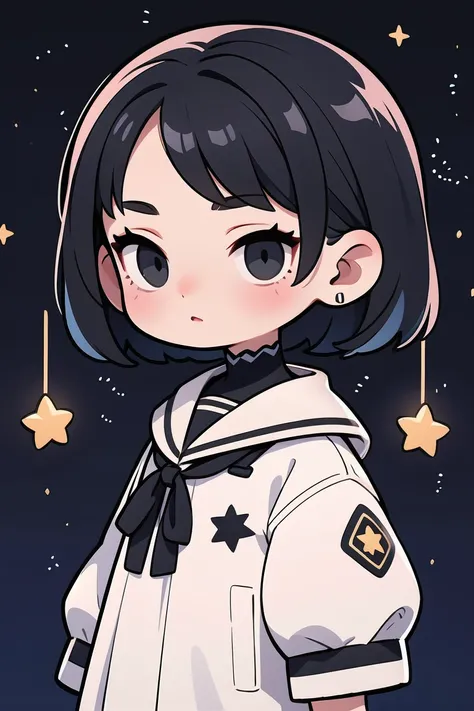 Girl with short black starry hair and white clothes with star details, black eyes