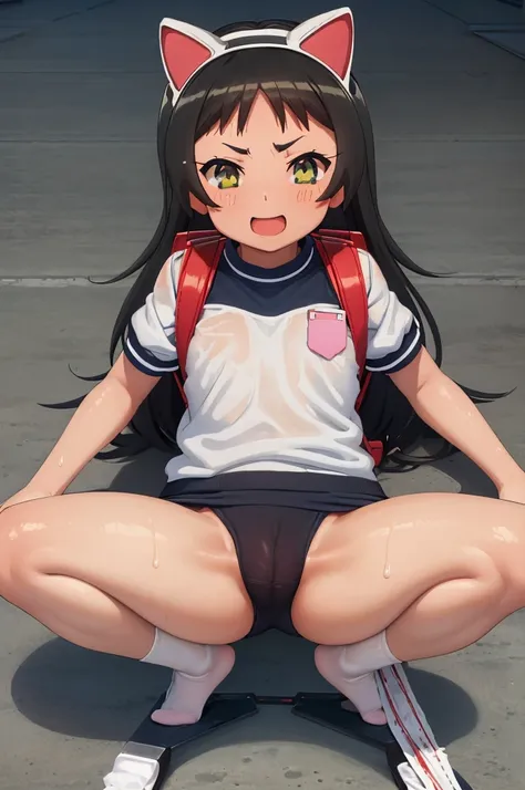 masterpiece, ultra quality, ultra sharp, ultra detailed, 1girl, solo, (((good anatomy))), haduki kurumi, (tattered torn dripping wet white gym shirt), navy gym pants, animal ears, randoseru, name tag, Japanese anime pose, laugh, BurumaShorts, Buruma, Gym U...