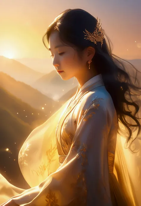 Young Asian woman fading into golden sunset light in a dreamlike mountain valley. Ethereal atmosphere, magical particles, semi-transparent figure, cinematic composition