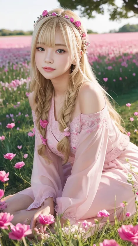 Long blonde fortune teller、A pink flower field in the background、Heart motif