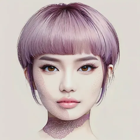  masterpiece, realistic, highly detailed, beautiful, a cute young indonesian woman, sleek straight hair, short bowcut haircut with undercut, purpled salmon haircolor, light makeup, brown eyes. detailed on the face and eye.  elegant pose. charming and calmi...