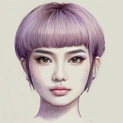  masterpiece, realistic, highly detailed, beautiful, a cute young indonesian woman, sleek straight hair, short bowcut haircut with undercut, purpled salmon haircolor, light makeup, brown eyes. detailed on the face and eye.  elegant pose. charming and calmi...