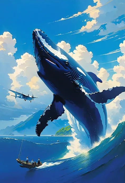 whale blue flying, in the sky clean, acrylic painting, trending on pixiv fanbox, palette knife and brush strokes, style of makoto shinkai jamie wyeth james gilleard edward hopper greg rutkowski studio ghibli genshin impact