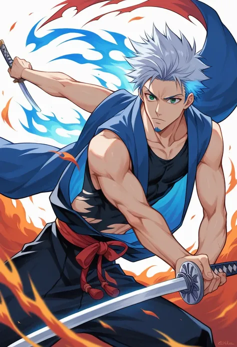 1 young boy, details Intricate, 1 men, bonitas, spiky white hair, vibrant green eyes, slim ripped , アニメ, 19yearsold, 19 years, a small goatee, kimono de Shinigami, Shinigami, bleach, Tank top, kimono, bleach, katana ( uma katana afiada e longa coberta por ...