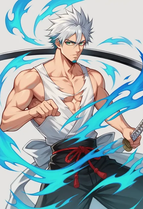 1 young boy, details Intricate, 1 men, bonitas, spiky white hair, vibrant green eyes, slim ripped , アニメ, 19yearsold, 19 years, a small goatee, kimono de Shinigami, Shinigami, bleach, Tank top, kimono, bleach, katana ( uma katana afiada e longa coberta por ...