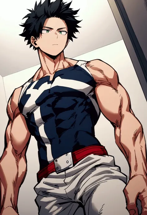 He is a 17 year old teenager, He has slightly disheveled very black hair..., somewhat light green eyes, (front angle ) , muscular body , He is dressed in the anime uniform. "my hero academia", without the shirt, just with pants, detailed body 