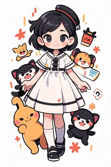 short black hair, girl in white clothes, black eyes, happy expression, no hat