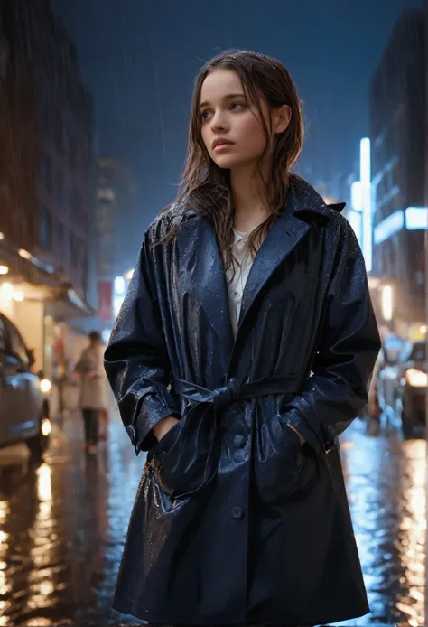 1girl,night city,rain,coat,hands in pockets