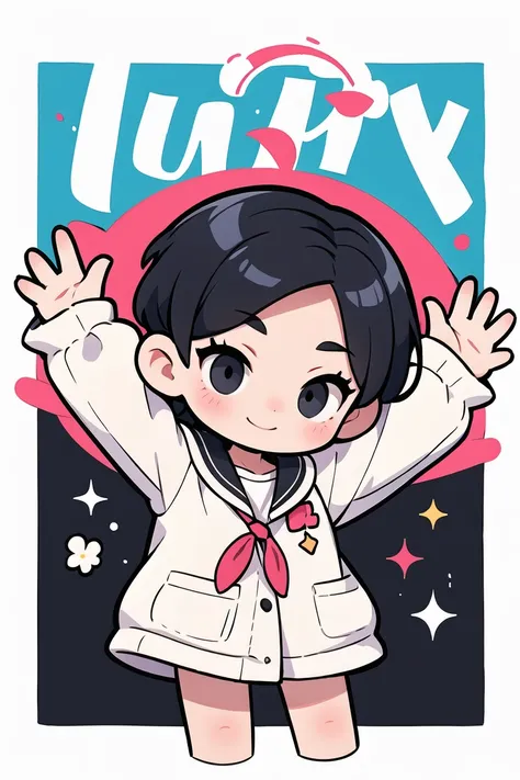 girl with short black hair and white clothes, black eyes, happy expression