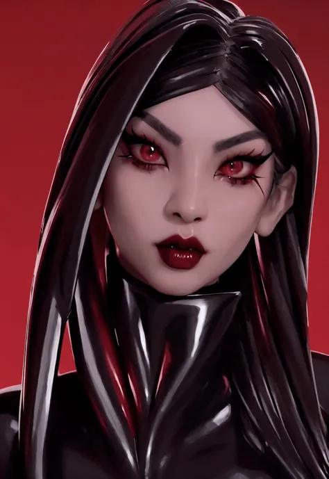 1 asian vampire woman, beautiful detailed eyes, beautiful detailed lips, extremely detailed face and skin, long eyelashes, black latex bodysuit, nude, hyper detailed, 8k, masterpiece, photorealistic, dark red and black color palette, dramatic chiaroscuro l...