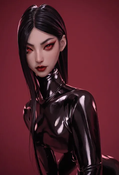 1 asian vampire woman, beautiful detailed eyes, beautiful detailed lips, extremely detailed face and skin, long eyelashes, black latex bodysuit, nude, hyper detailed, 8k, masterpiece, photorealistic, dark red and black color palette, dramatic chiaroscuro l...