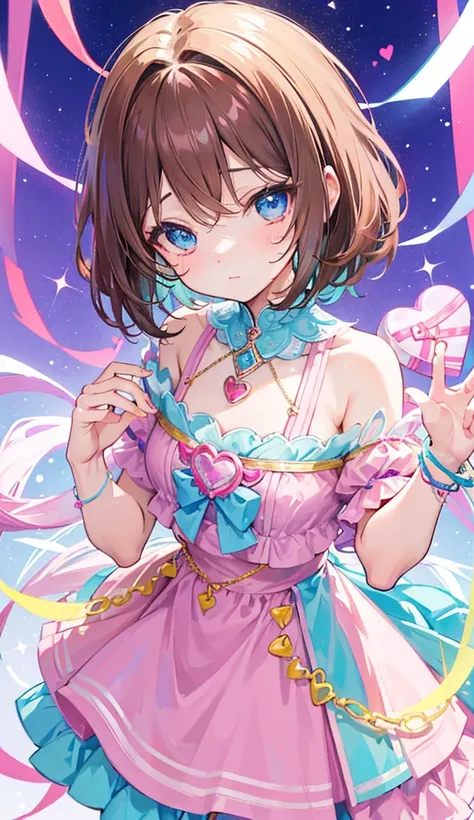 Colorful light background，short fluffy brown hair，Has a bright pinkish-purple transparent gum texture，In pink、Wear yours with blue and white，yellow and greens，Cyan matching accessories pendant decoration，This is a very sweet and sweet girl, Valentine theme...