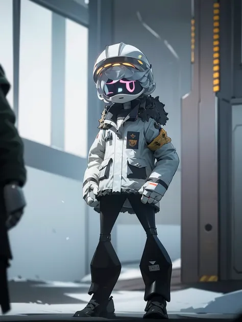 Male, Murder Drone, wearing modified tactical coat and full-face tactical spacesuit helmet, face concealed by helmet, no visible face, white X eyes, standing at attention, hands in pockets, fully in frame, full body shot, facing viewer, lone figure, sole f...