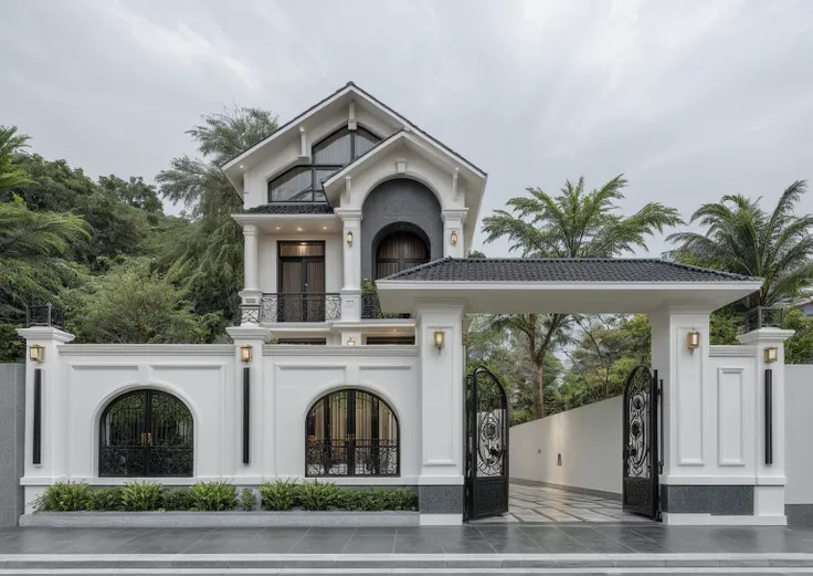 raw photo, a photo of a modern house, (curvilinear archrchitecture:1.4), wabisabi style rounded wall, white wall, steel black ga...