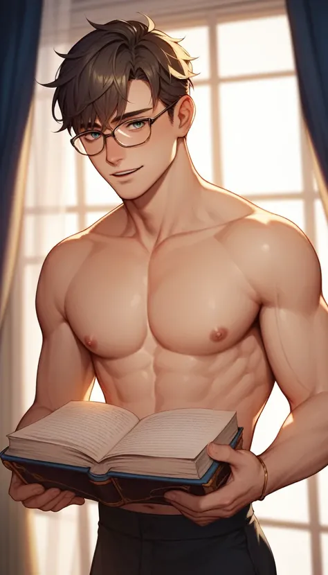 best quality, masterpiece, extremely detailed, handsome young man, skinny build, messy curtain bangs, thick-rimmed glasses, preppy style, holds books tightly to his chest, gay, homoerotic, romantic atmosphere, ambient lighting, extremely dramatic shadows, ...