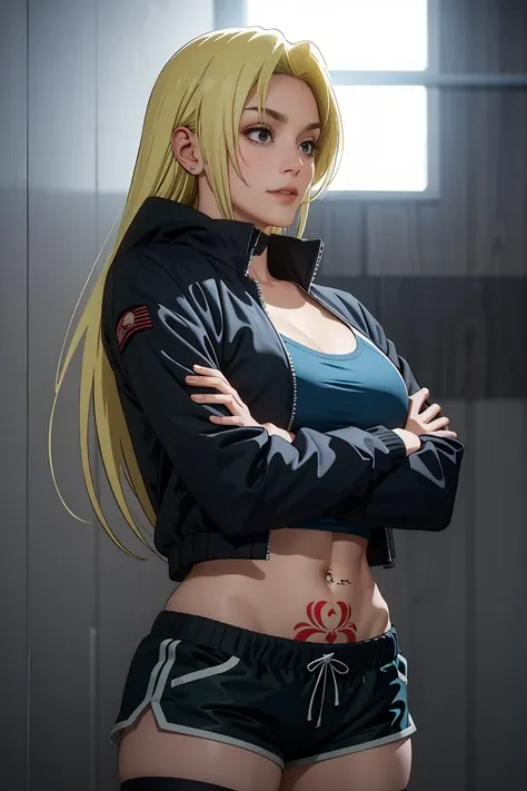 yuki tsukumo from jujutsu kaisen, long hair, blonde hair, long belly, big , tight body , 1girl, photo_background, gym, shorts, l...