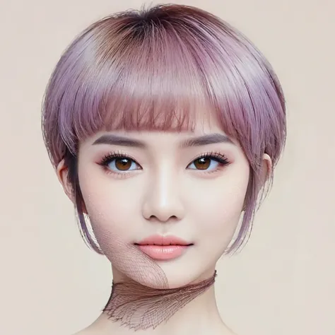  masterpiece, realistic photograph, highly detailed, beautiful, a cute young indonesian woman, sleek straight hair, short bowcut haircut with undercut, purpled salmon haircolor, light makeup, brown eyes. detailed on the face and eye.  elegant pose. charmin...