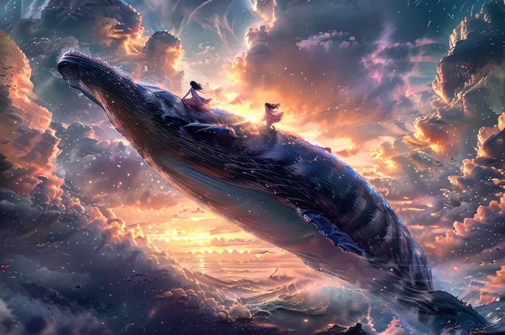 a giant flying whale carrying a medieval city on its back、超real、super detailed、cinematic lighting、dramatic sky、sparkling sunset、...