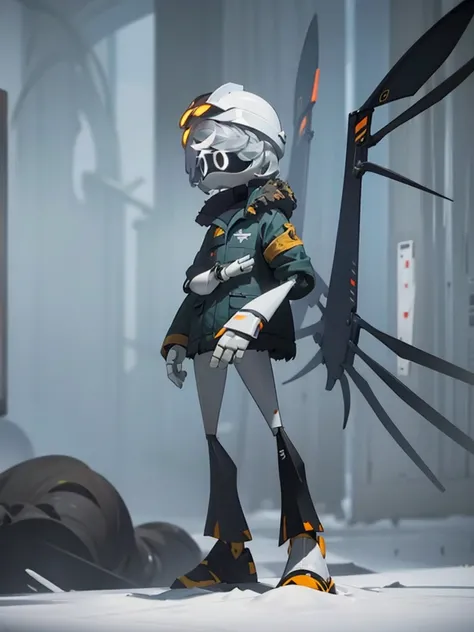 Male, Murder Drone, wearing modified tactical coat and tactical helmet, no hair, white X eyes, standing at attention, hands in pockets, fully in frame, full body shot, facing viewer, lone figure, sole figure, alone, Murder Drones style