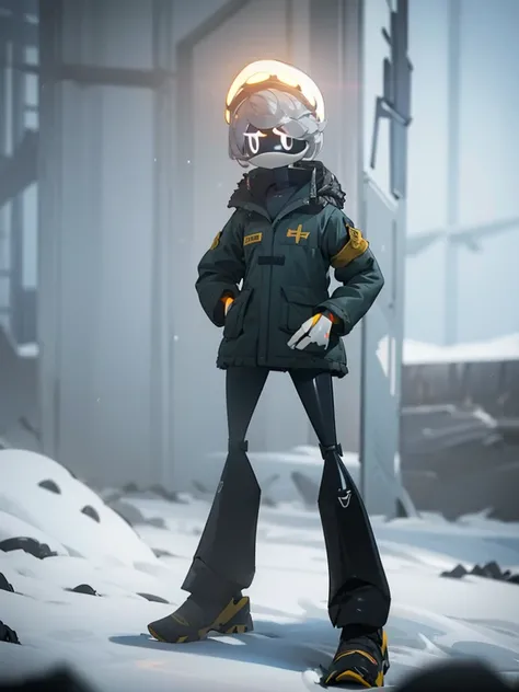 Male, Murder Drone, wearing modified tactical coat and tactical helmet, no hair, white X eyes, standing at attention, hands in pockets, fully in frame, full body shot, facing viewer, lone figure, sole figure, alone, Murder Drones style