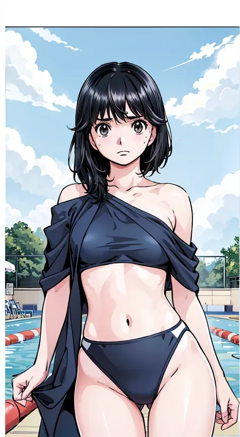 Black Hair、(Shoulder-length hair、Black Hair)、Navy blue competitive swimwear、(Highest quality:1.3)、One girl、(((Shoulder-length hair、Black Hair)))、Cowboy Shot、At the school pool、Naked butt、Big Ass、Sweat、masterpiece, Highest quality, High resolution, 超High re...