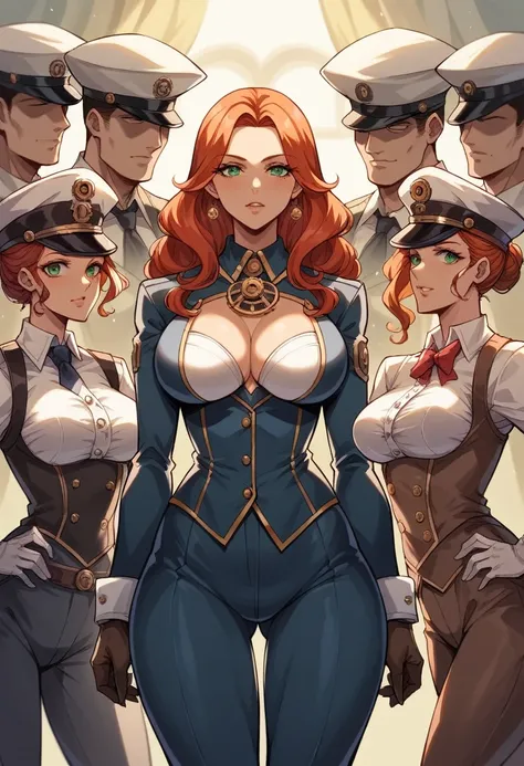 A woman stands in front of a group of robots, Steampunk man portrait, synthesis, Beautiful android woman, Stormy epic war scenes, Inspired by Richard Avedon, Black dieselpunk policewoman, Redhead woman, Girl in suit, Complex fashion clothing, Beautiful fem...