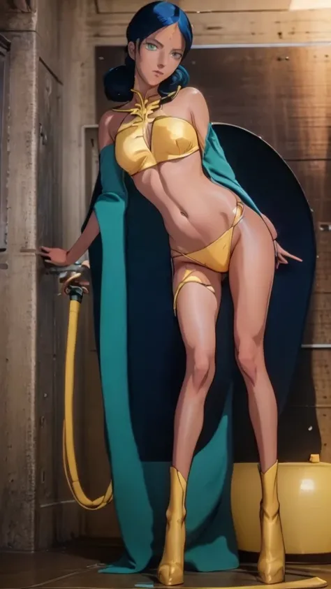 Anime girl in latex poses for a photo in front of a wall, Laraasun、bikini、Aeon Flux Style, Mixed Style Eon Flux, AEON Flux Style Mix, Style、A blend of eternal flow, Nico Robin, Inspired by Masamune Shirow, Cassandra Cain in Satin, Perfect anime cyborg woma...