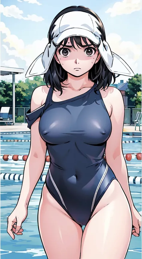 Black Hair、(Shoulder-length hair、Black Hair)、Navy blue competitive swimwear、(Highest quality:1.3)、One girl、(((Shoulder-length hair、Black Hair)))、Cowboy Shot、At the school pool、Naked butt、Big Ass、Sweat、masterpiece, Highest quality, High resolution, 超High re...