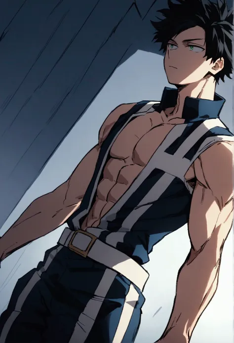 He is a 17 year old teenager, He has slightly disheveled very black hair..., somewhat light green eyes, (front angle ) , (backwards) muscular body , He is dressed in the anime uniform. "my hero academia", without the shirt, just with pants, sculpted back 