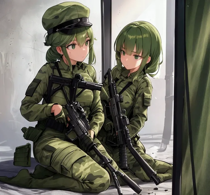 Beautiful female soldier in green with a gun,Broken military equipment, Mechanized female soldier, Girl,Infantry Girl,No clothes to cover your body, Camouflage pattern,(Proportional face),(Neat face,Delicate eyes),Pretty Face,Volumetric Lighting,Reflection...