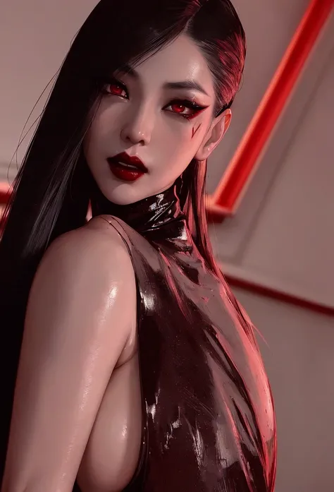 1 asian vampire woman, beautiful detailed eyes, beautiful detailed lips, extremely detailed face and skin, long eyelashes, black latex bodysuit, nude, hyper detailed, 8k, masterpiece, photorealistic, dark red and black color palette, dramatic chiaroscuro l...