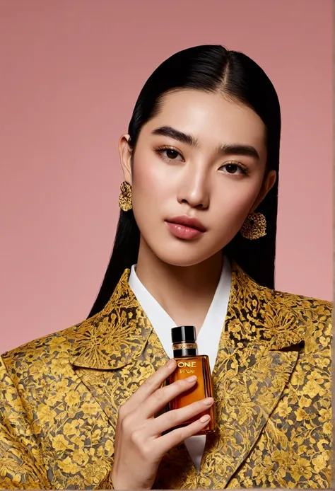 One Chinese holds a perfume in one hand，Place it next to your face，Take a photo of the razor brand，ad campaign，H3H3，Taoist，shot of，beauty retouch，Cool and bright tones，Dua Lipa，Official Product Pictures，inspired by Luo Ping，Clean face and body skin