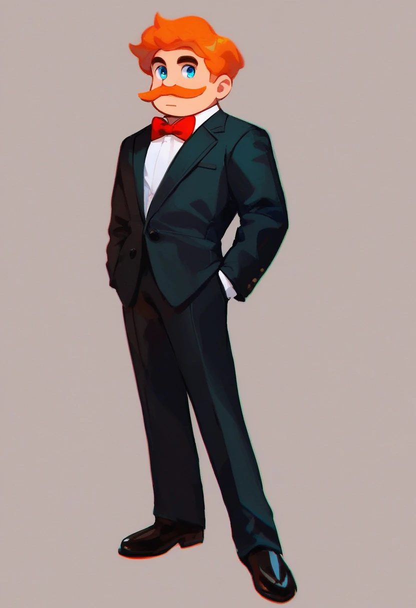 mr_goodman, solo, 1boy, standing, full body, Really tall, blue eyes, brownish orange mustache, brownish orange hair, thick eyebrows, red bowtie, white shirt underneath suit, black suit, black shoes