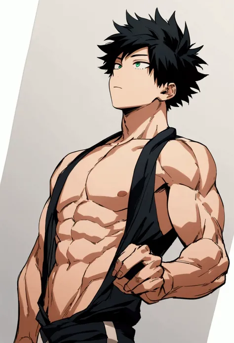 He is a 17 year old teenager, He has slightly disheveled very black hair..., somewhat light green eyes, (front angle ) , (backwards) muscular body , He is dressed in the anime uniform. "my hero academia", without the shirt, just with pants, sculpted back 