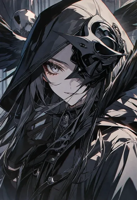 solo, handsome, 1 woman, long hair, black color hair, Gray eyes, black coat, black gloves, black plague Crow mask, Black hood