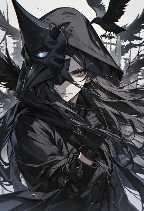 solo, handsome, 1 woman, long hair, black color hair, Gray eyes, black coat, black gloves, black plague Crow mask, Black hood