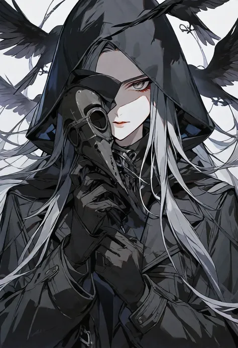 solo, handsome, 1 woman, long hair, black color hair, Gray eyes, black coat, black gloves, black plague Crow mask, Black hood