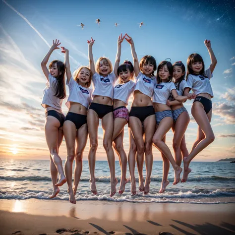  Masterpiece of ProfessionalPhoto ((ExtremelyDetailed (12 PICHIPICHI KAWAII Girls Floating in The Air in a row:1.37) in WHITE at Dusk Enoshima Beach)), {(Standing Full Body:1.2)|(from below:1.2)|Detailed KAWAII face}, Different types of hair colors, {(skin...