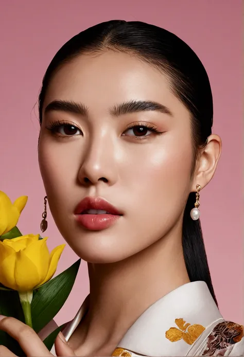 One Chinese holds a  flowers in one hand，Place it next to your face，Take a photo of the razor brand，ad campaign，H3H3，Taoist，shot of，beauty retouch，Cool and bright tones，Dua Lipa，Official Product Pictures，inspired by Luo Ping，Clean face and body skin