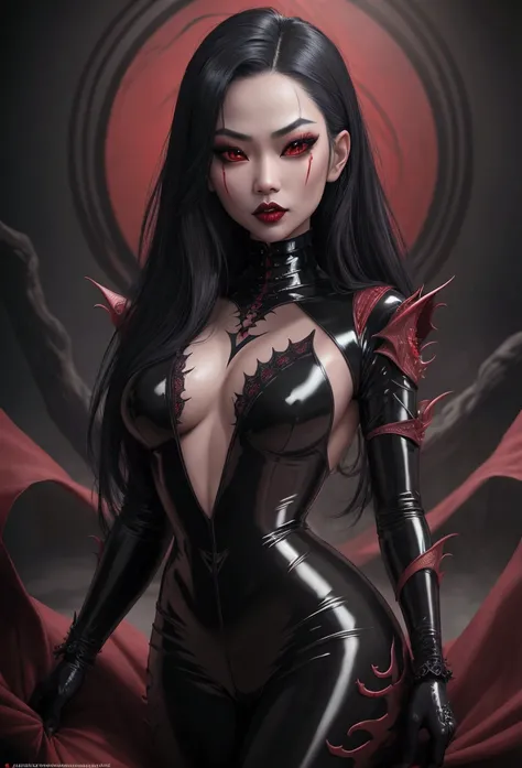 1 asian vampire woman, beautiful detailed eyes, beautiful detailed lips, extremely detailed face and skin, long eyelashes, black latex bodysuit, nude, hyper detailed, 8k, masterpiece, photorealistic, dark red and black color palette, dramatic chiaroscuro l...