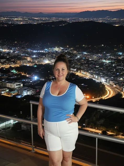 her name is Annette, high quality, ((mature)), ((white pale skin)), 1girl, ((40-year-old chubby Swiss woman)), ((40 years old)), ((chubby)), ((brunette)), pose: standing, wearing stylish blue (((wearing attire for nightlife))), ((BACKGROUND: overlooking ni...