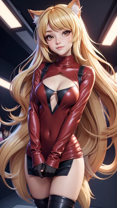 a woman in a revealing long red shirt, low cut v-neck shirt, clevage, medium breasts, thigh high boots, black stockings, standing in front of a crowd, asymetrical outfit, no pants, lots of skin, beautiful anime catgirl, anime girl with long hair, anime gir...