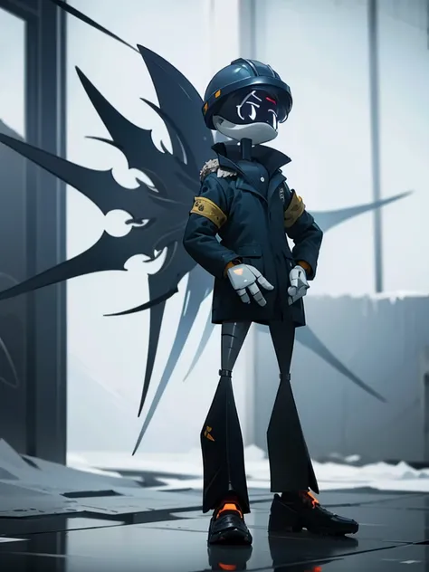 Male, Murder Drone, wearing modified tactical formal jacket and helmet, no hair, white X eyes, standing at attention, hands in pockets, fully in frame, full body shot, facing viewer, lone figure, sole figure, alone, Murder Drones style